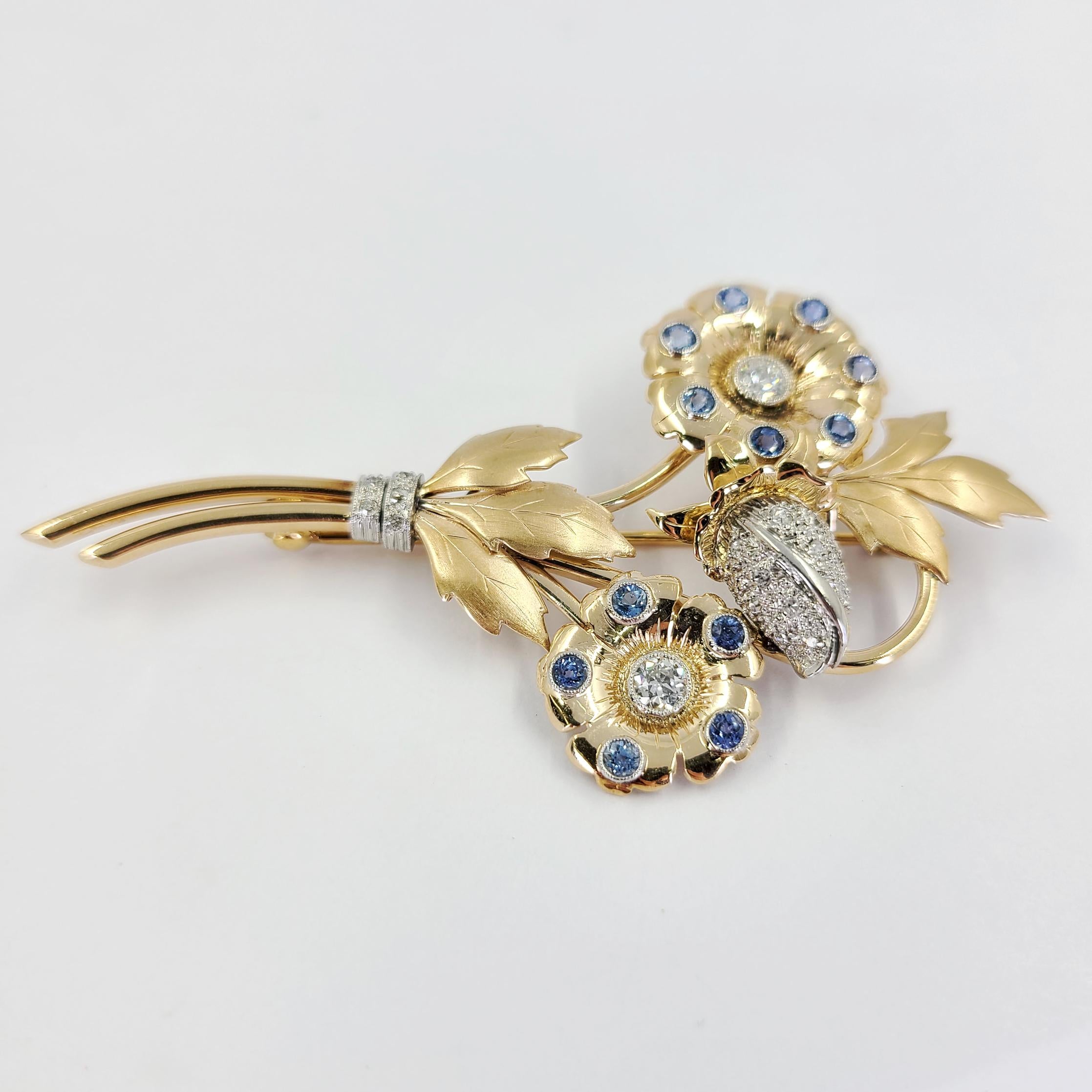 Old European Cut Antique Yellow Gold, Diamond & Sapphire Flower Pin  For Sale