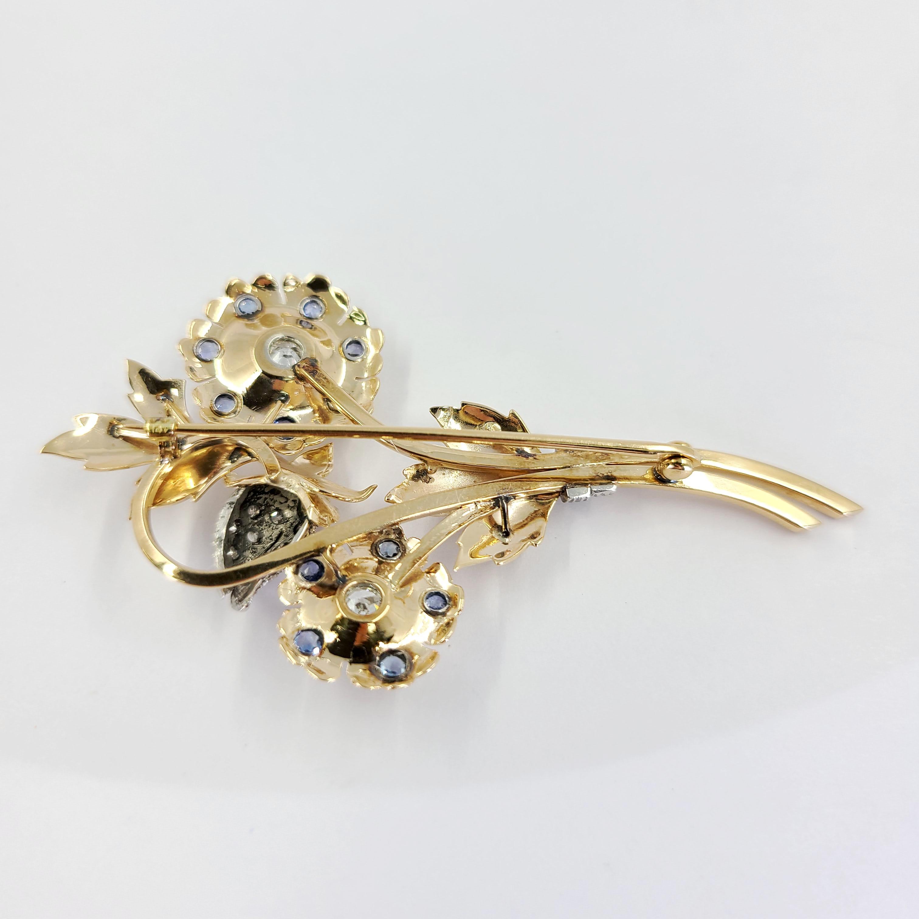 Antique Yellow Gold, Diamond & Sapphire Flower Pin  In Good Condition For Sale In Coral Gables, FL