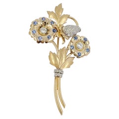 Antique Yellow Gold, Diamond & Sapphire Flower Pin 