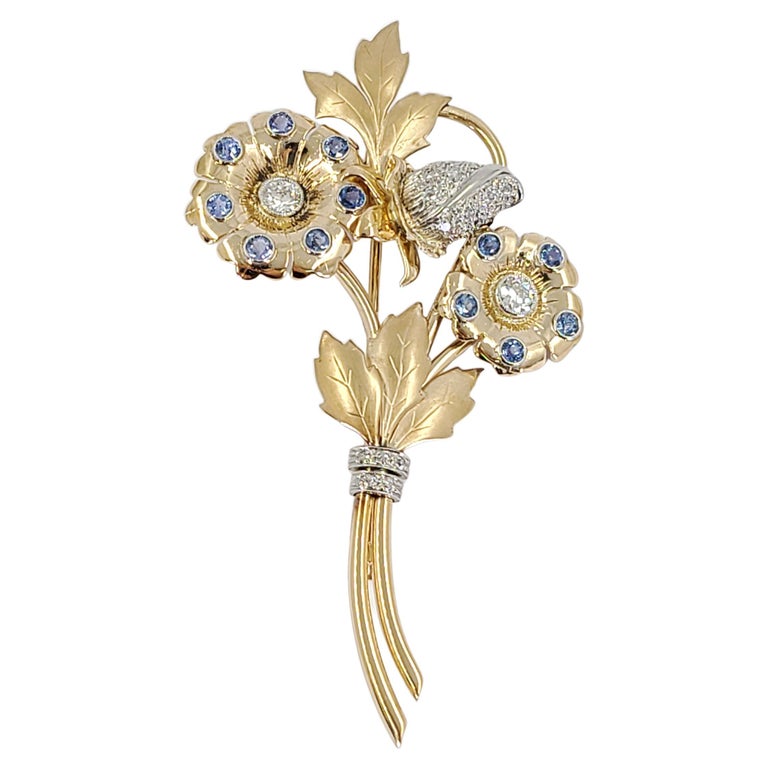 Antique Yellow Gold, Diamond & Sapphire Flower Pin  For Sale