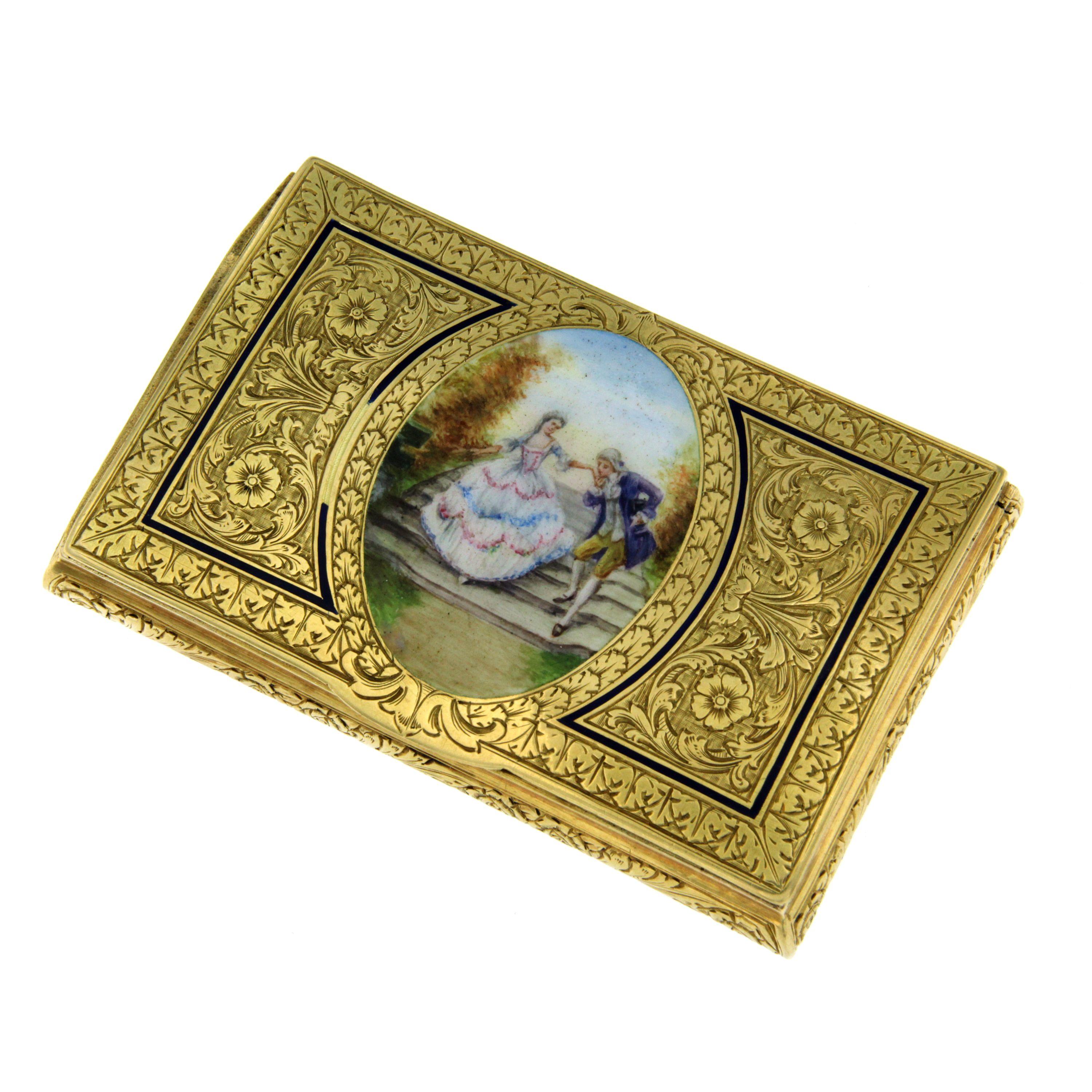 Antique jeweled gold case decorated with a finely enameled miniature portrait of a couple of that era, all around elaborately engraved, ornate blue enamel frame.
The case itself is in perfect condition. 
Mounted in 18k yellow Gold, Origin Italy,