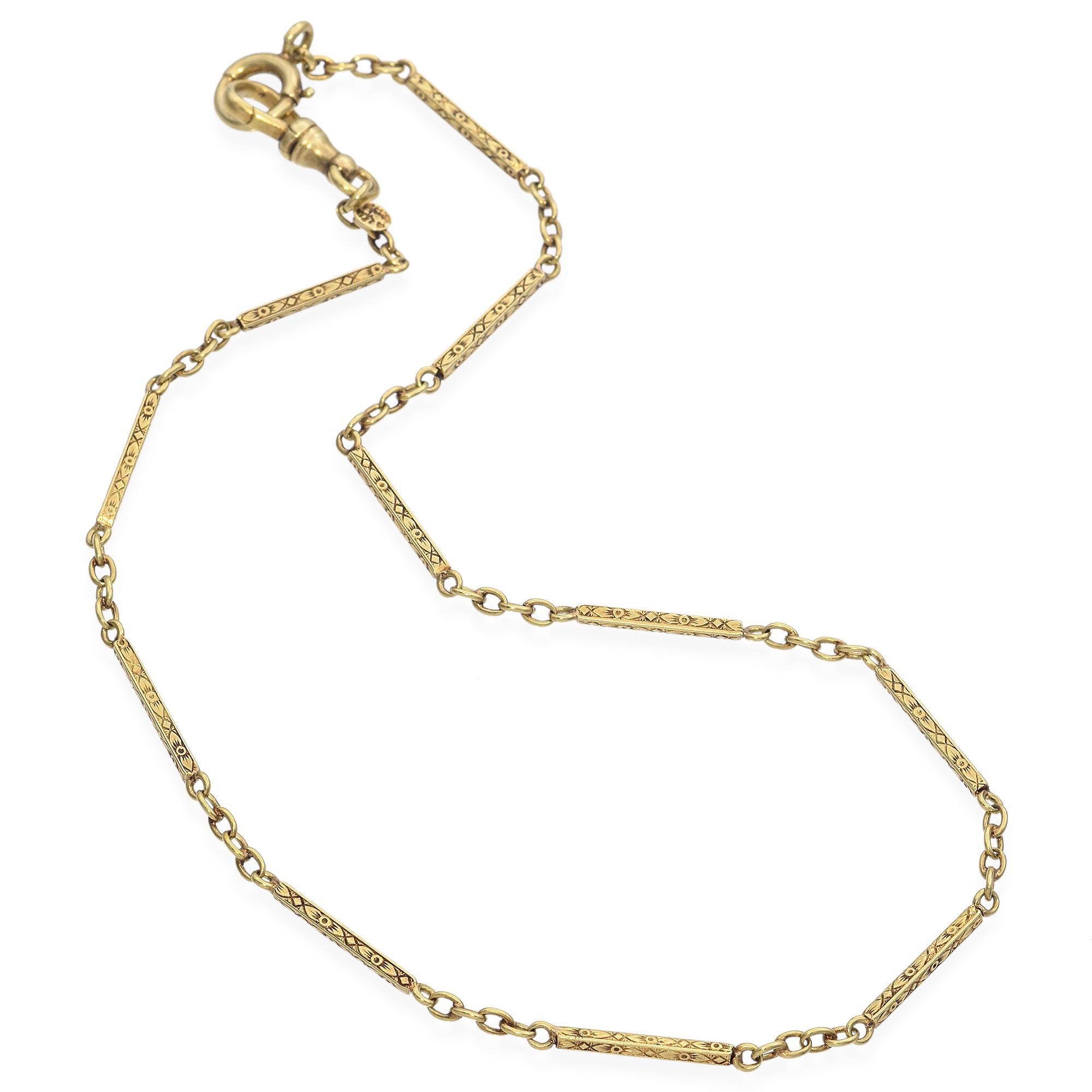 Chaîne de montre ancienne à barre gravée en or jaune de 14 pouces Pour femmes en vente