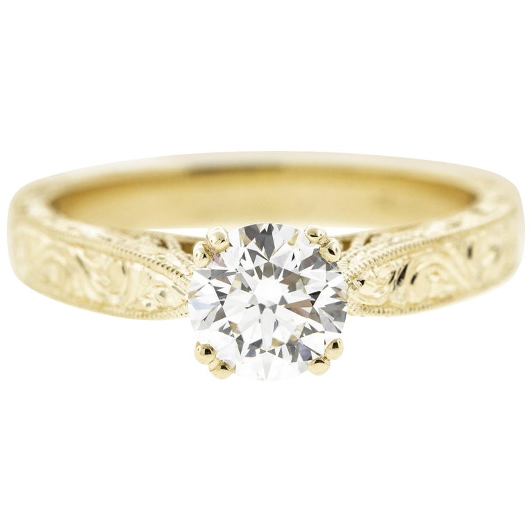 Antique Yellow Gold Engraved Diamond Engagement Ring 'GIA' For Sale