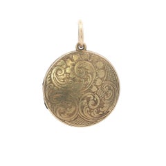 Antique Yellow Gold Engraved Round Mourning Locket Pendant w/ Hair Inside