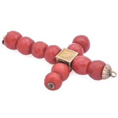 Antique Yellow Gold Faceted Red Coral Bead Cross Pendant
