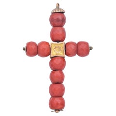 Antique Yellow Gold Faceted Red Coral Bead Cross Pendant