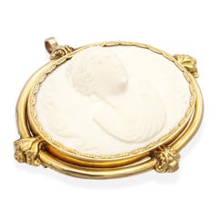 Antique Yellow Gold Frame Ceramic Cameo Brooch Pendant