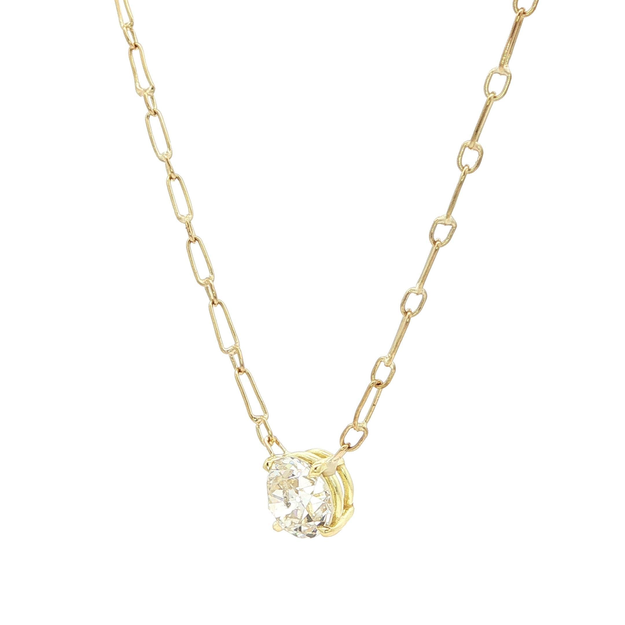 Antique Yellow Gold GIA 1.27ct Old European Diamond Solitaire Pendant Necklace For Sale 5