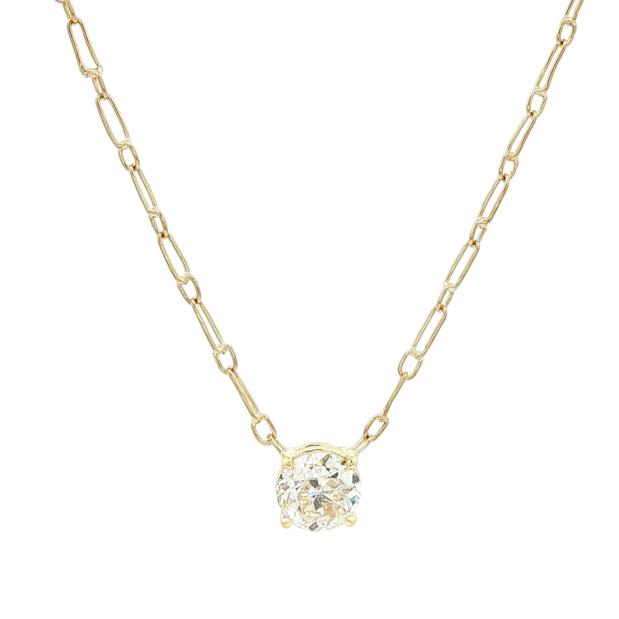 Antique Yellow Gold GIA 1.27ct Old European Diamond Solitaire Pendant Necklace For Sale 6