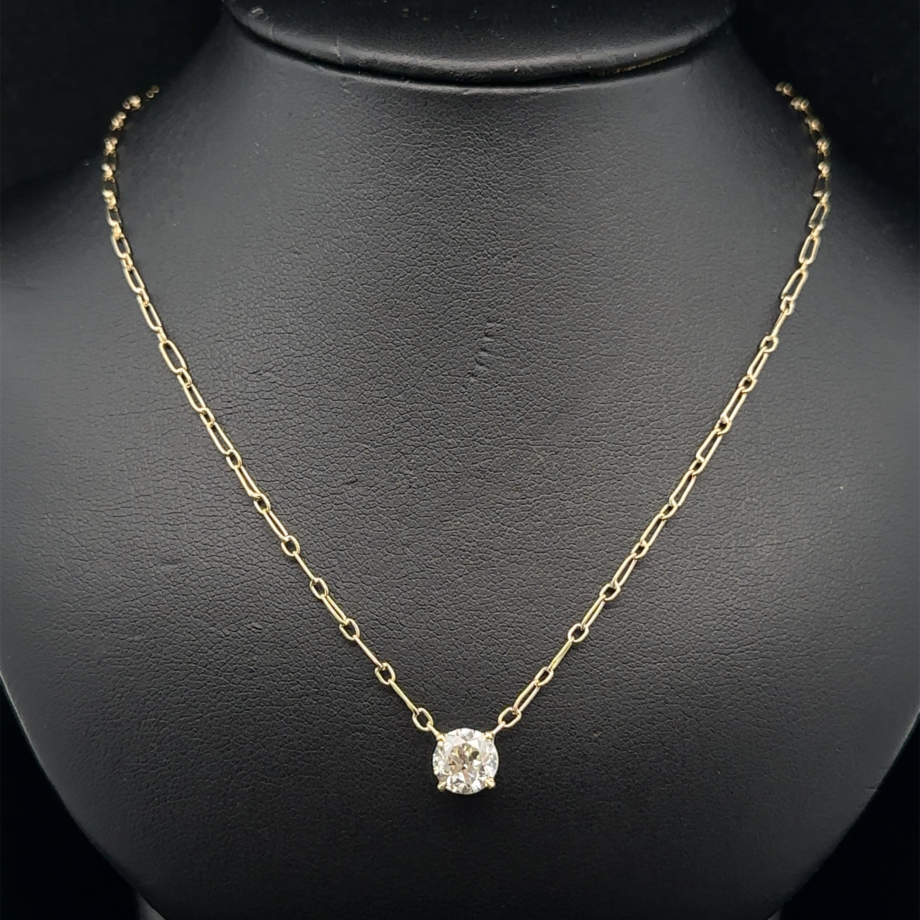 Antique Yellow Gold GIA 1.27ct Old European Diamond Solitaire Pendant Necklace For Sale 1