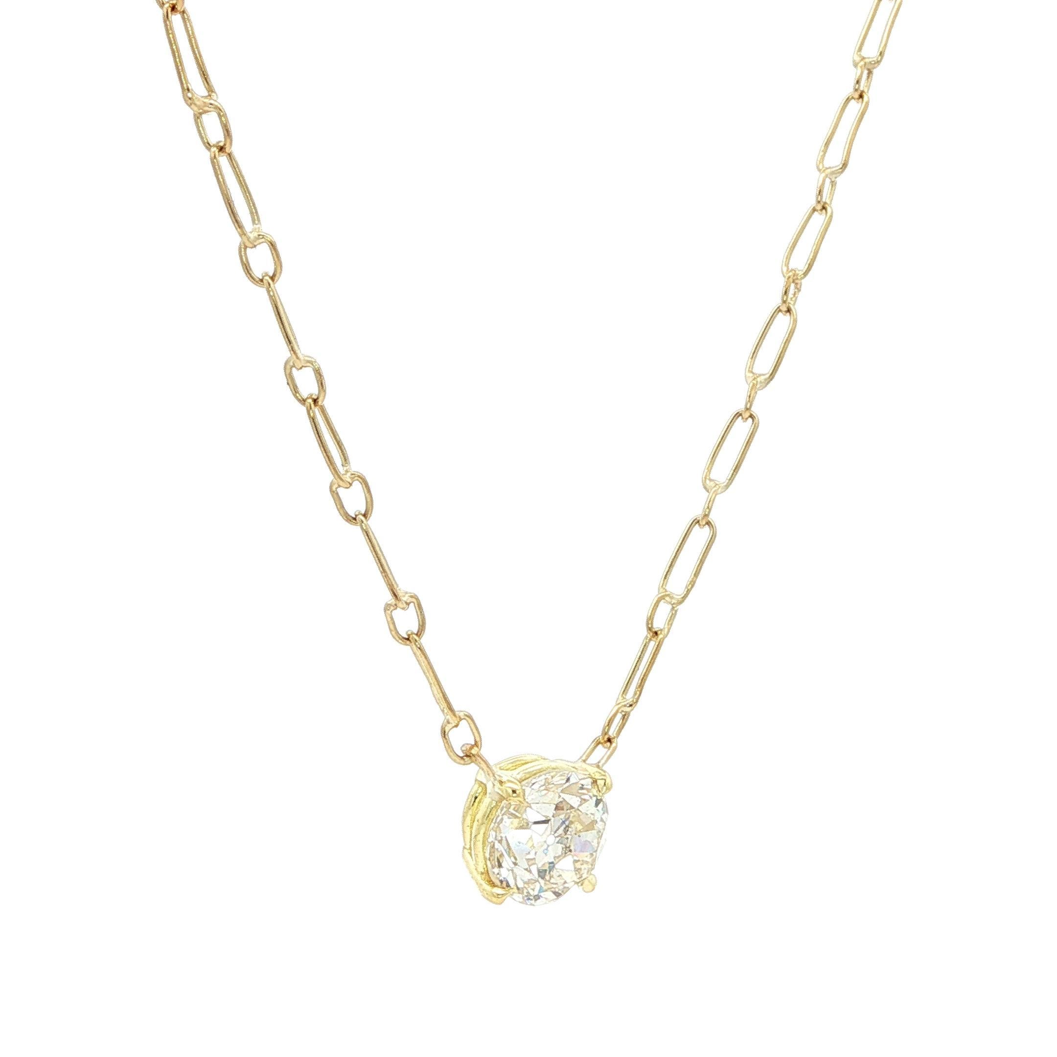 Antique Yellow Gold GIA 1.27ct Old European Diamond Solitaire Pendant Necklace For Sale 4