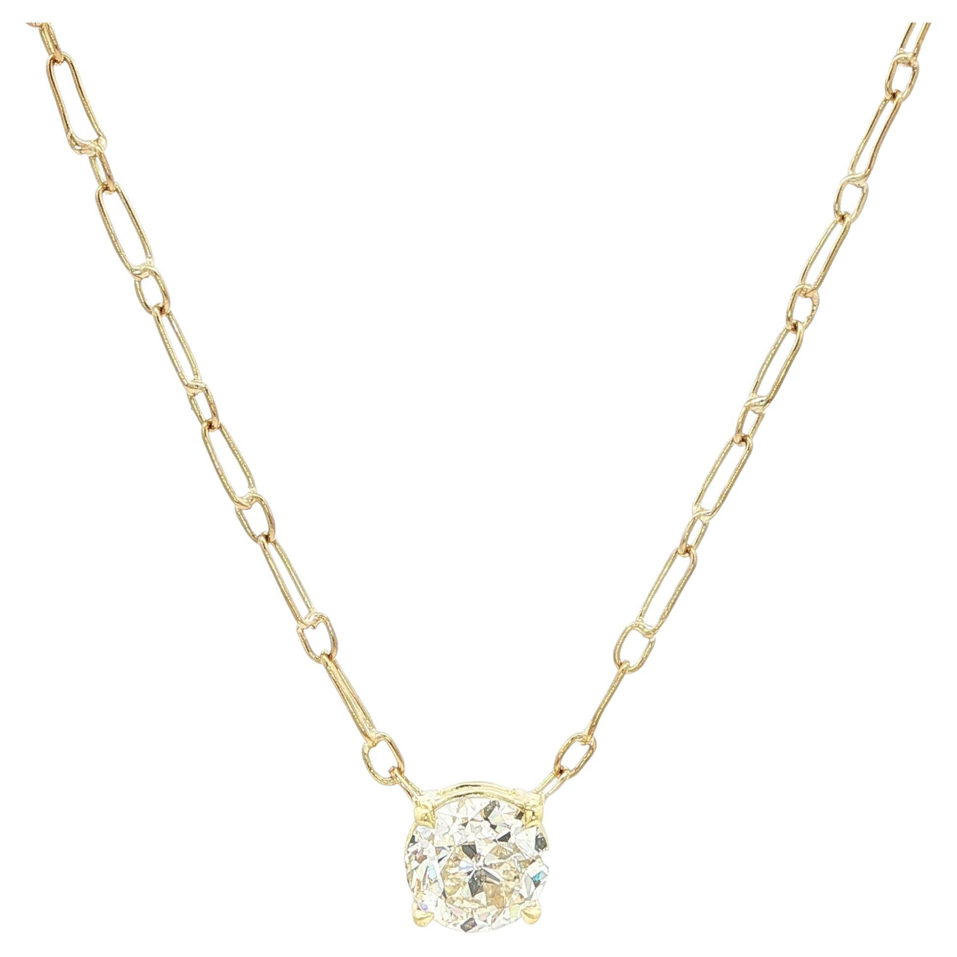 Antique Yellow Gold GIA 1.27ct Old European Diamond Solitaire Pendant Necklace For Sale