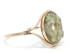 Antique Yellow Gold Hand Carved Nephrite Jade Cuff Bangle Bracelet