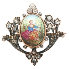 Antique Yellow Gold Hand Painted Porcelain Old Mine Diamond Mourning Pin Brooch