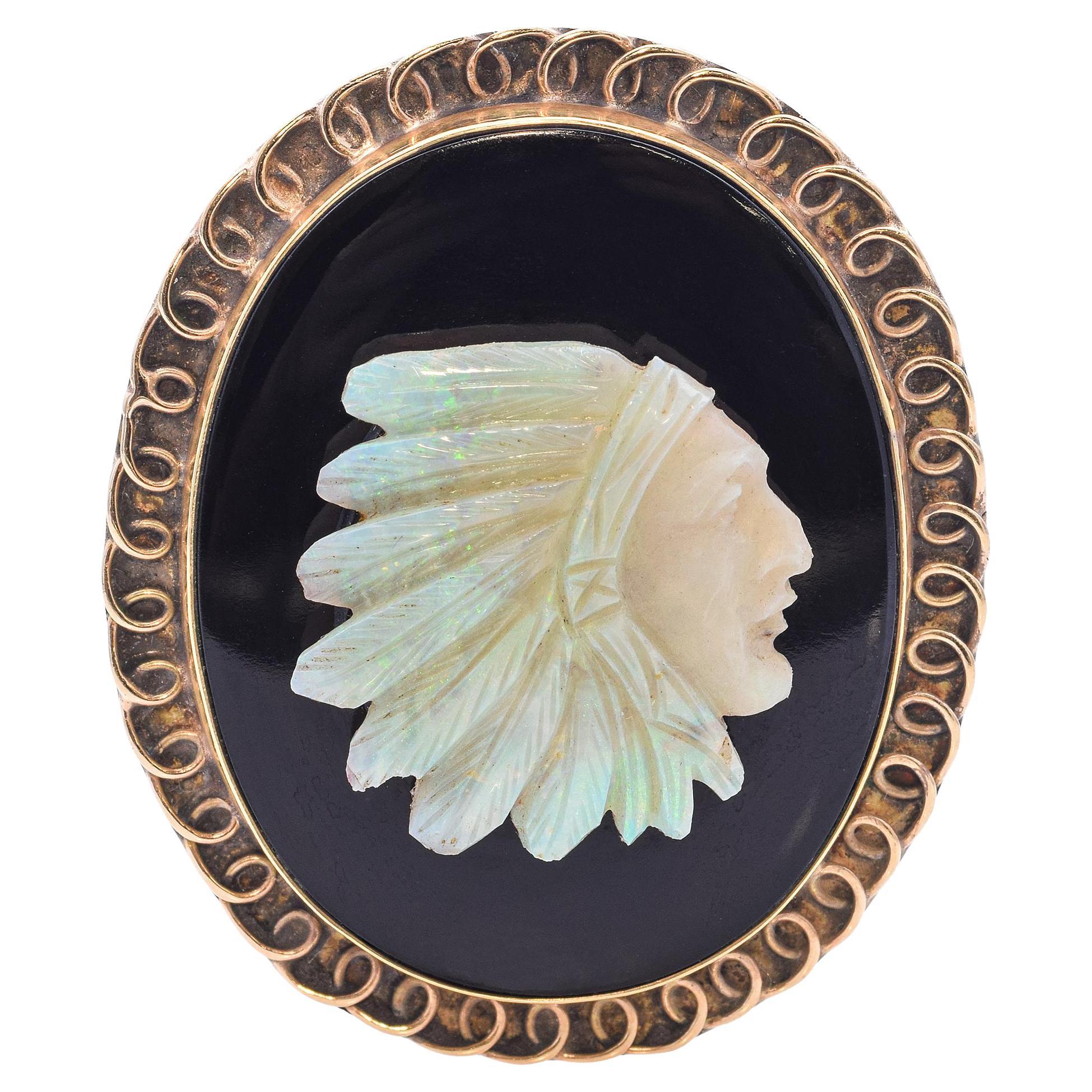 Antique Yellow Gold Indian Chief Opal Onyx Cameo Brooch Pendant