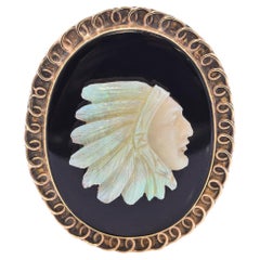 Antique Yellow Gold Indian Chief Opal Onyx Cameo Brooch Pendant