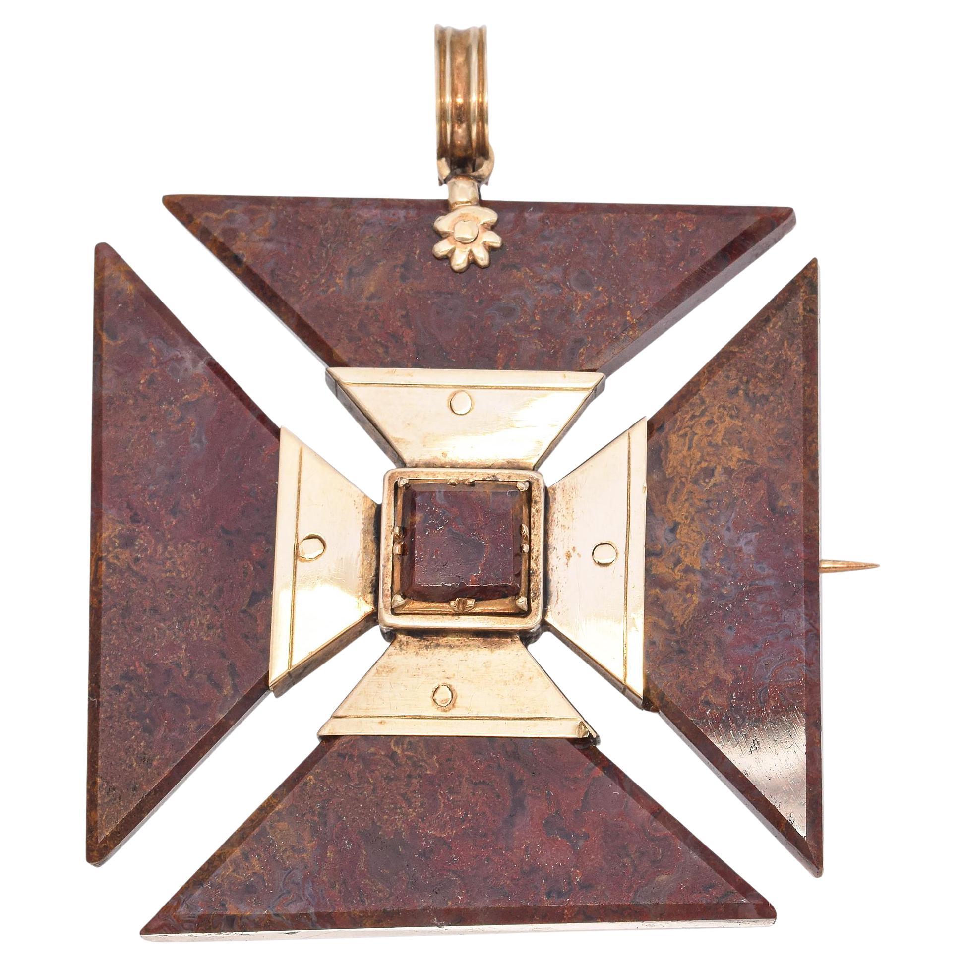 Antique Yellow Gold Jasper Maltese Cross Brooch Pendant