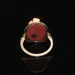 Antique Yellow Gold Lady Carved Coral Cameo Diamond Twisted Wire Frame Ring