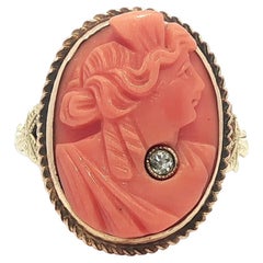 Antique Yellow Gold Lady Carved Coral Cameo Diamond Twisted Wire Frame Ring