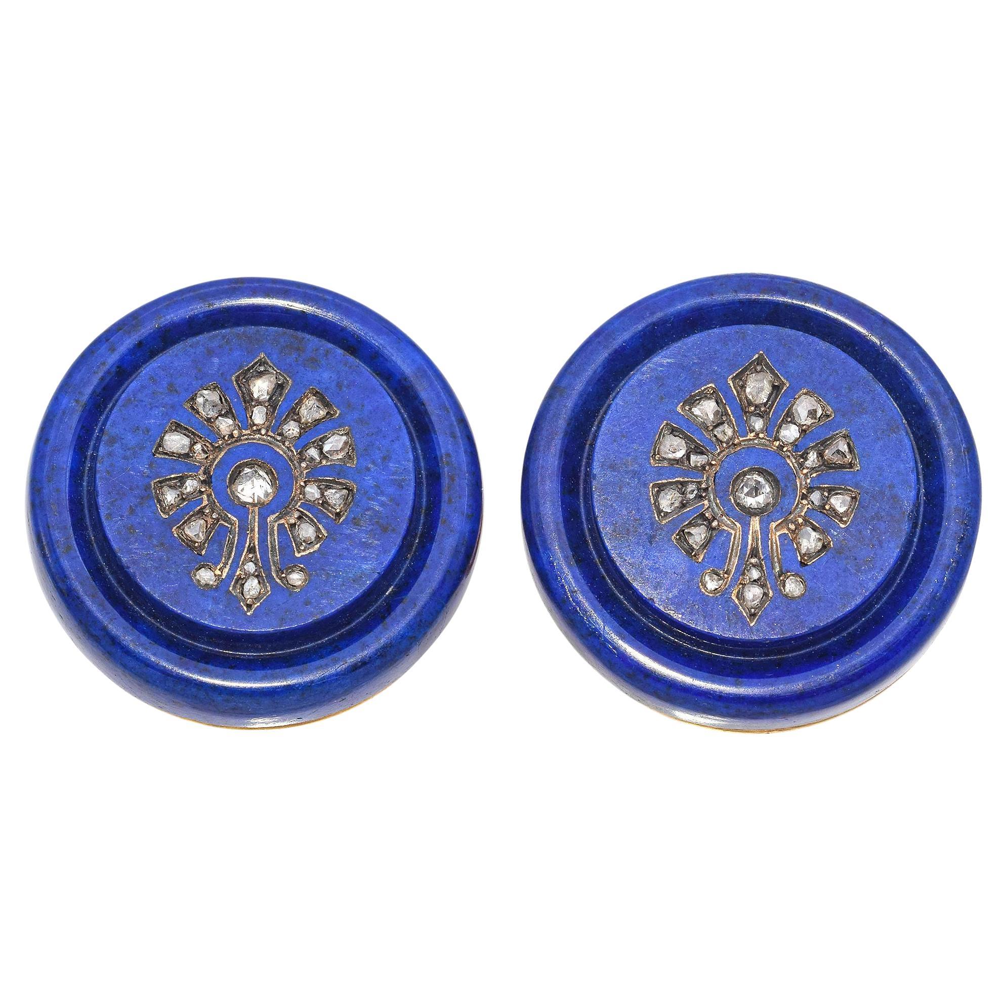 Boutons de manchette anciens en or jaune, lapis-lazuli et diamants taille rose