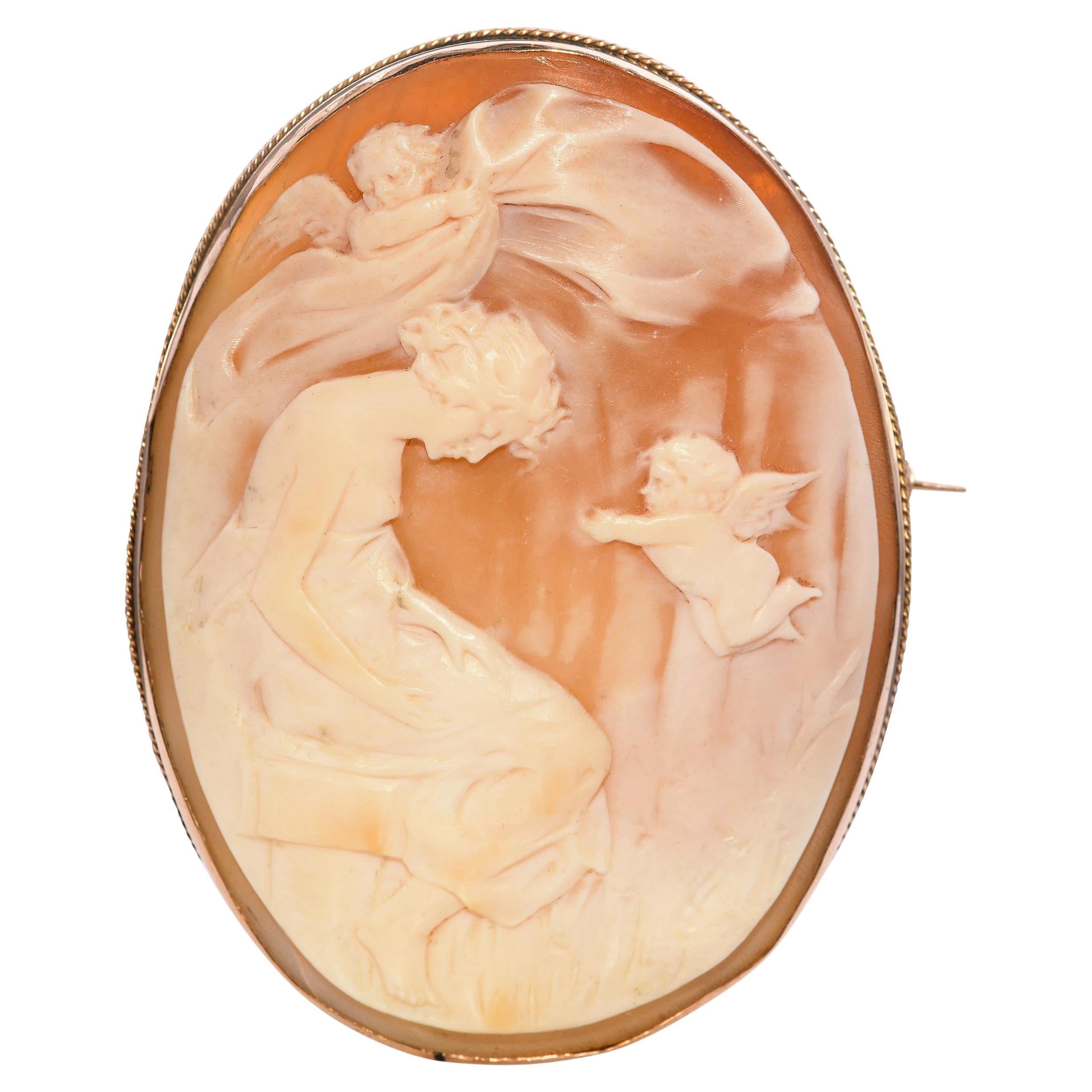 Antique Yellow Gold Love Comes Calling Shell Cameo Brooch