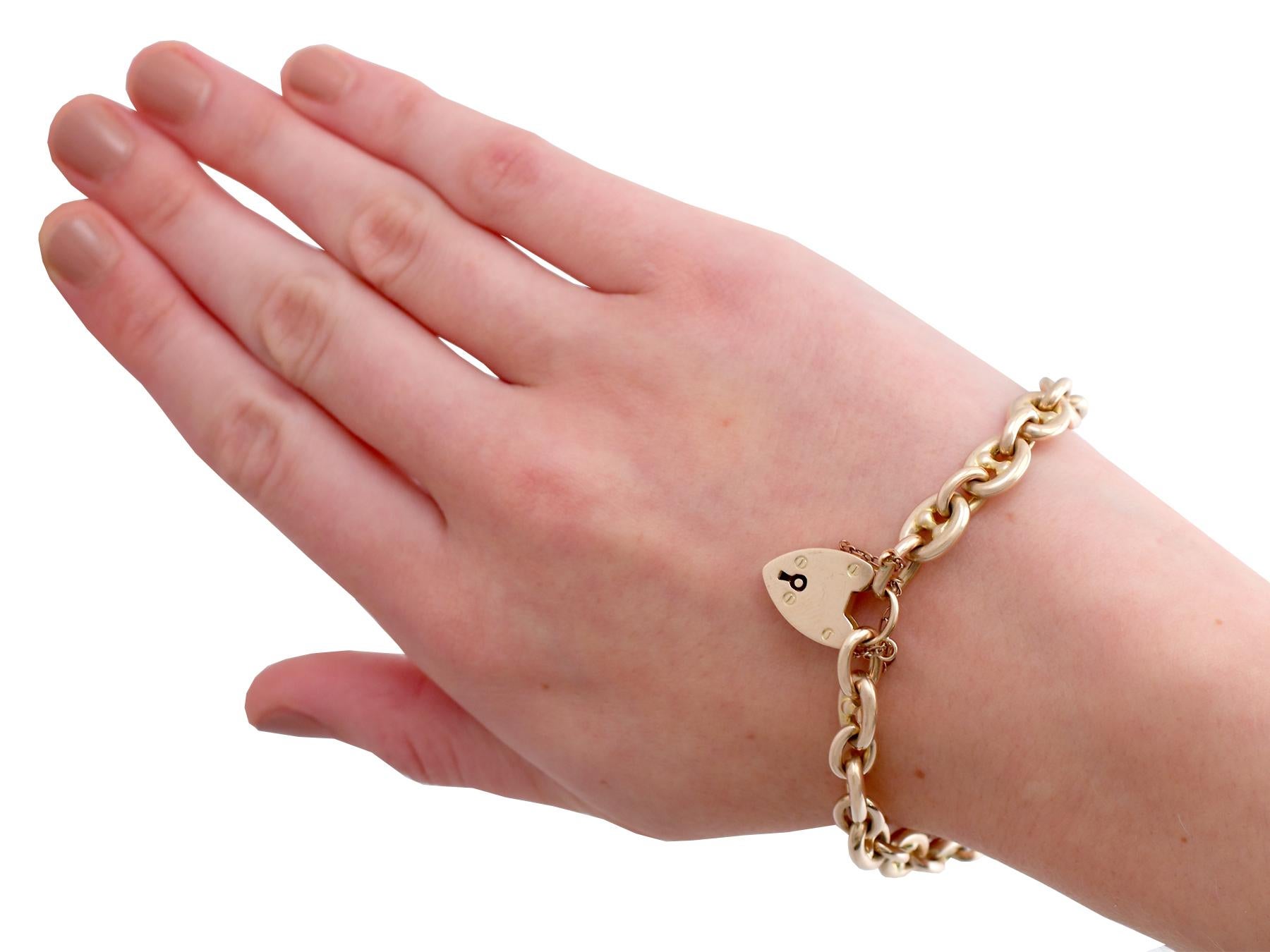 Women's or Men's Antique Yellow Gold Mariner Link Bracelet with Heart Padlock Clasp