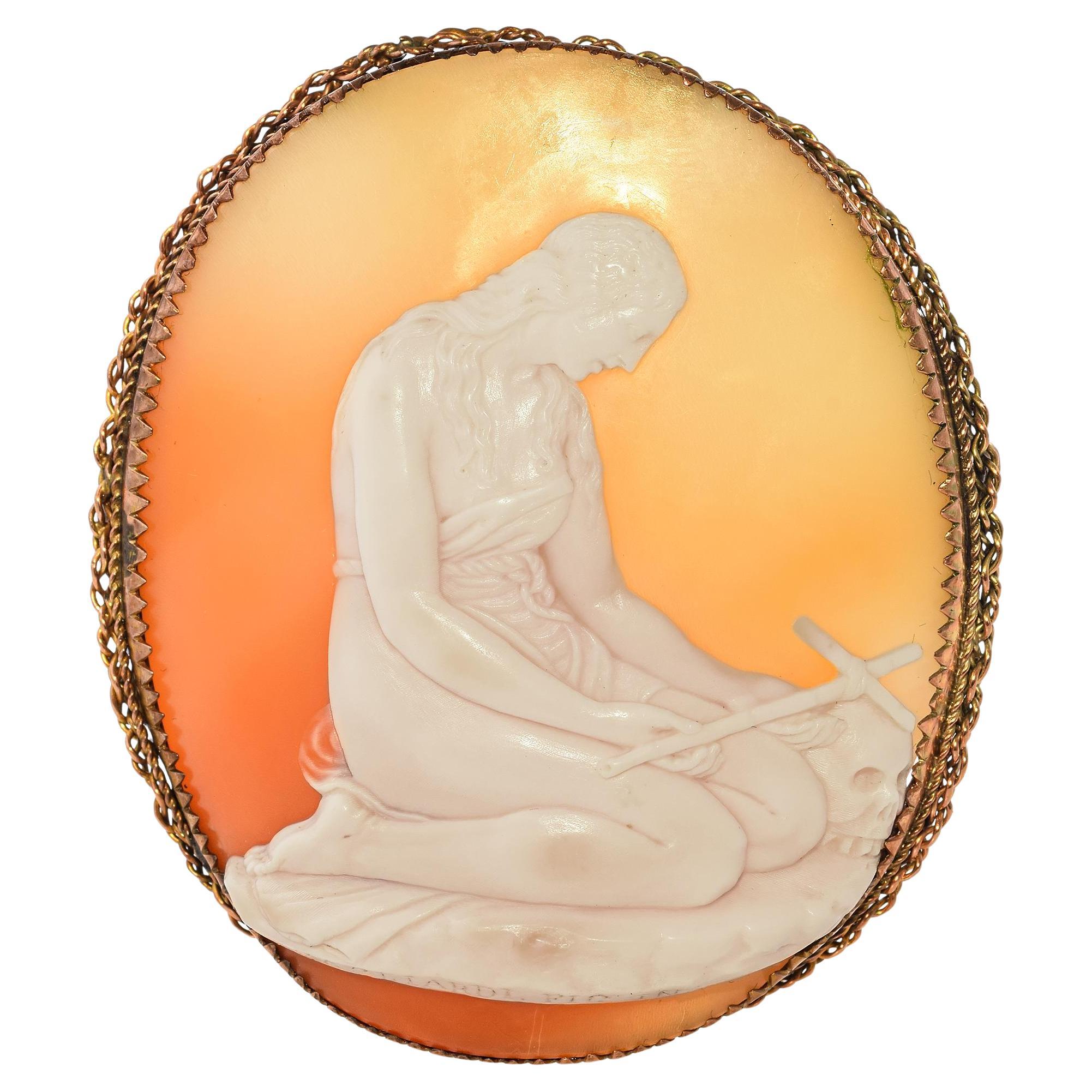 Antique Yellow Gold Mary Magdalen Repenting Brooch For Sale
