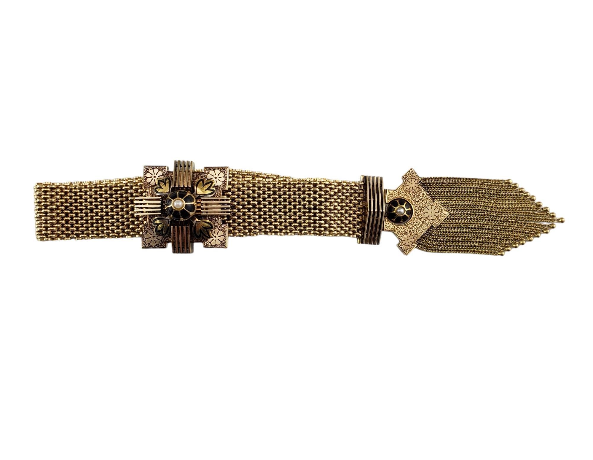 Antikes Gelbgold Mesh Slide-Armband mit Perlen und schwarzer Emaille #16631 (Rundschliff) im Angebot