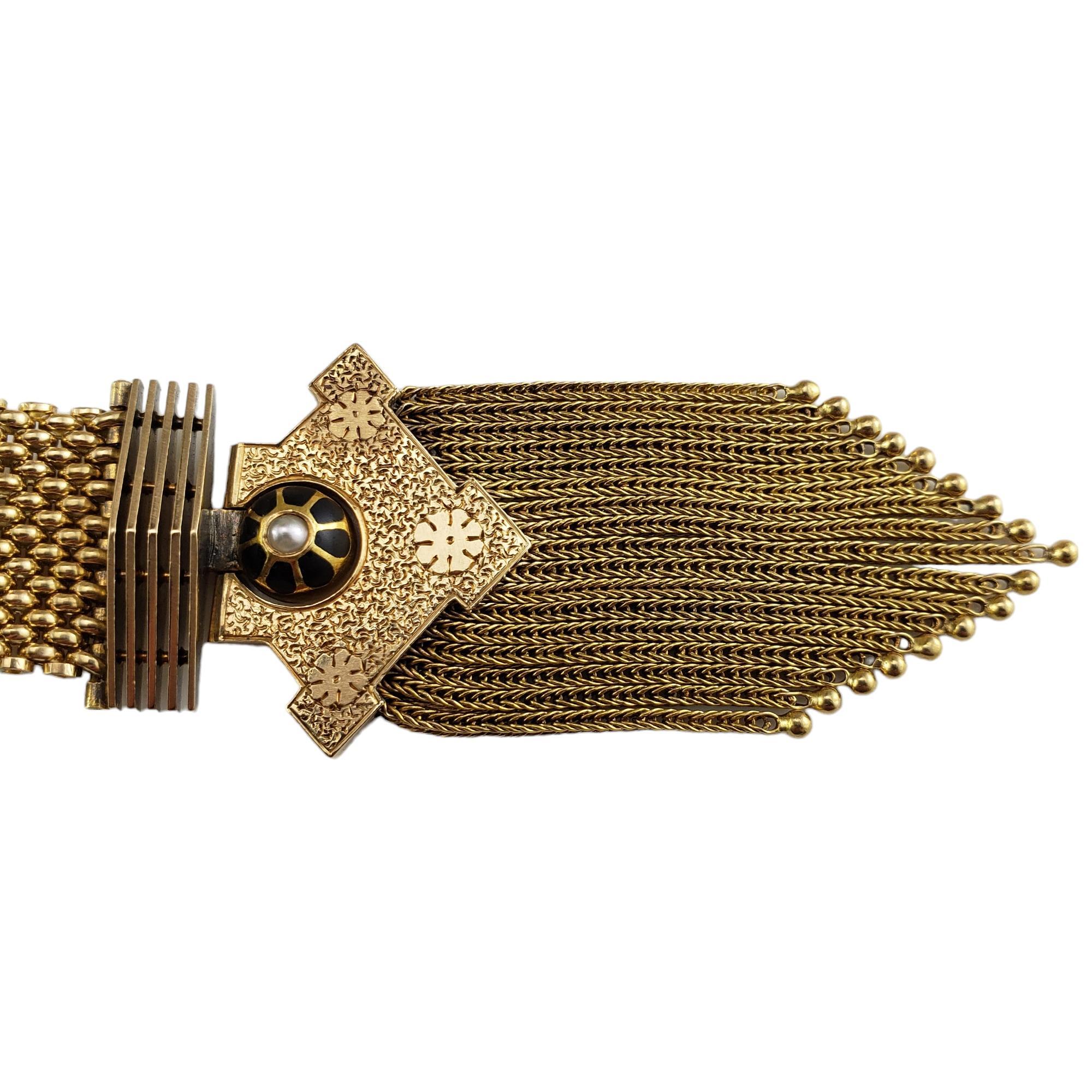 Antique Yellow Gold Mesh Slide Bracelet Pearls Black Enamel #16631 In Good Condition For Sale In Washington Depot, CT