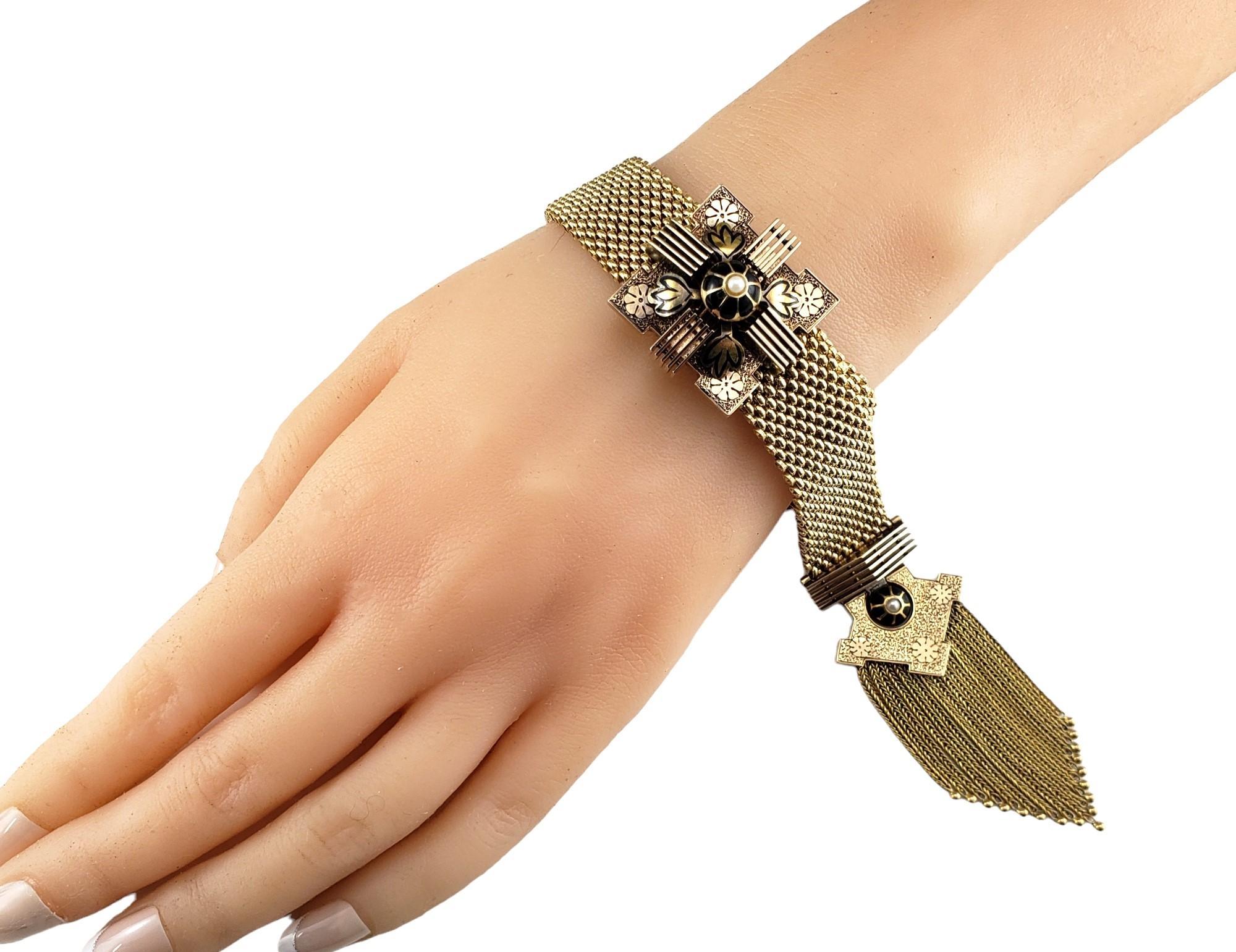 Antikes Gelbgold Mesh Slide-Armband mit Perlen und schwarzer Emaille #16631 im Angebot 2