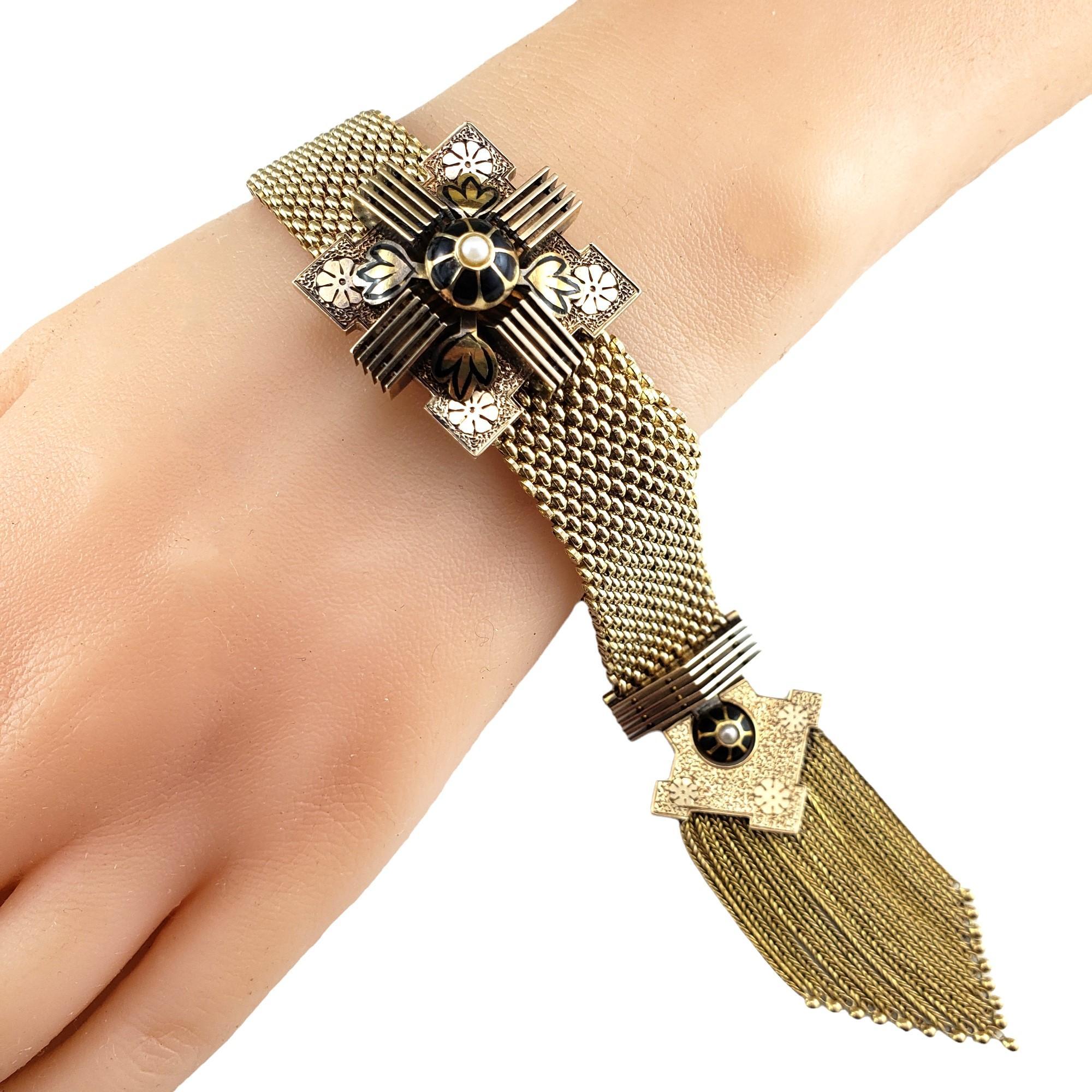 Antikes Gelbgold Mesh Slide-Armband mit Perlen und schwarzer Emaille #16631 im Angebot 3