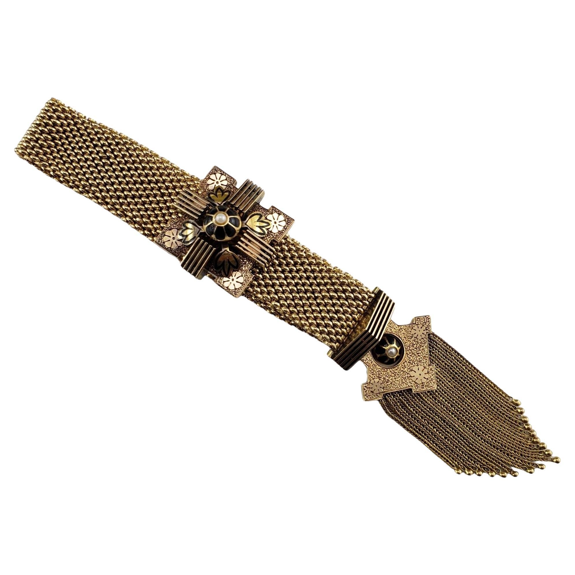 Antikes Gelbgold Mesh Slide-Armband mit Perlen und schwarzer Emaille #16631 im Angebot