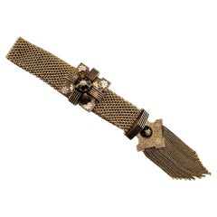 Antique Yellow Gold Mesh Slide Bracelet Pearls Black Enamel #16631