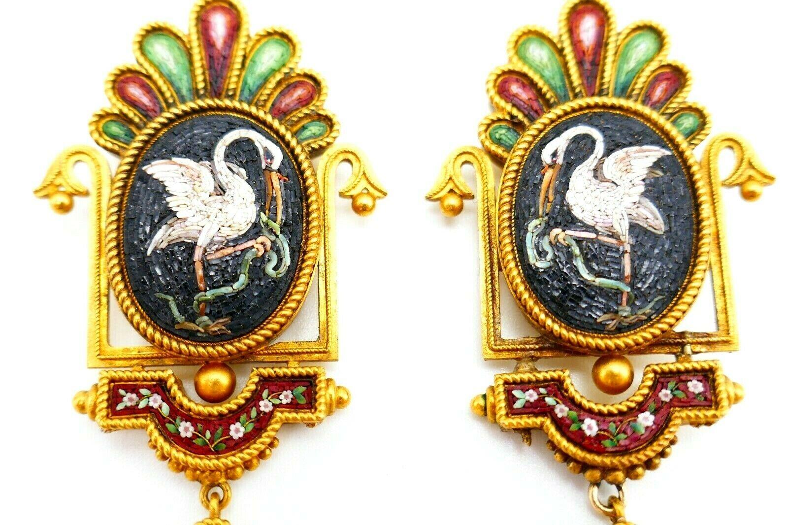 Antique Yellow Gold Micro Mosaic Earrings Pendant Set 4