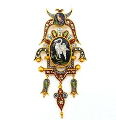 Antique Yellow Gold Micro Mosaic Earrings Pendant Set