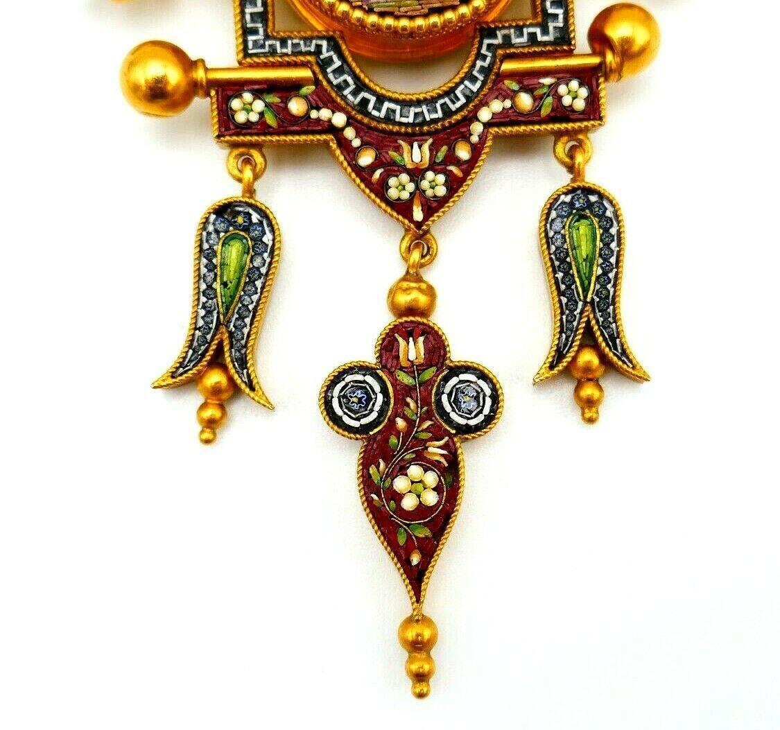 Antique Yellow Gold Micro Mosaic Earrings Pendant Set In Excellent Condition In Beverly Hills, CA