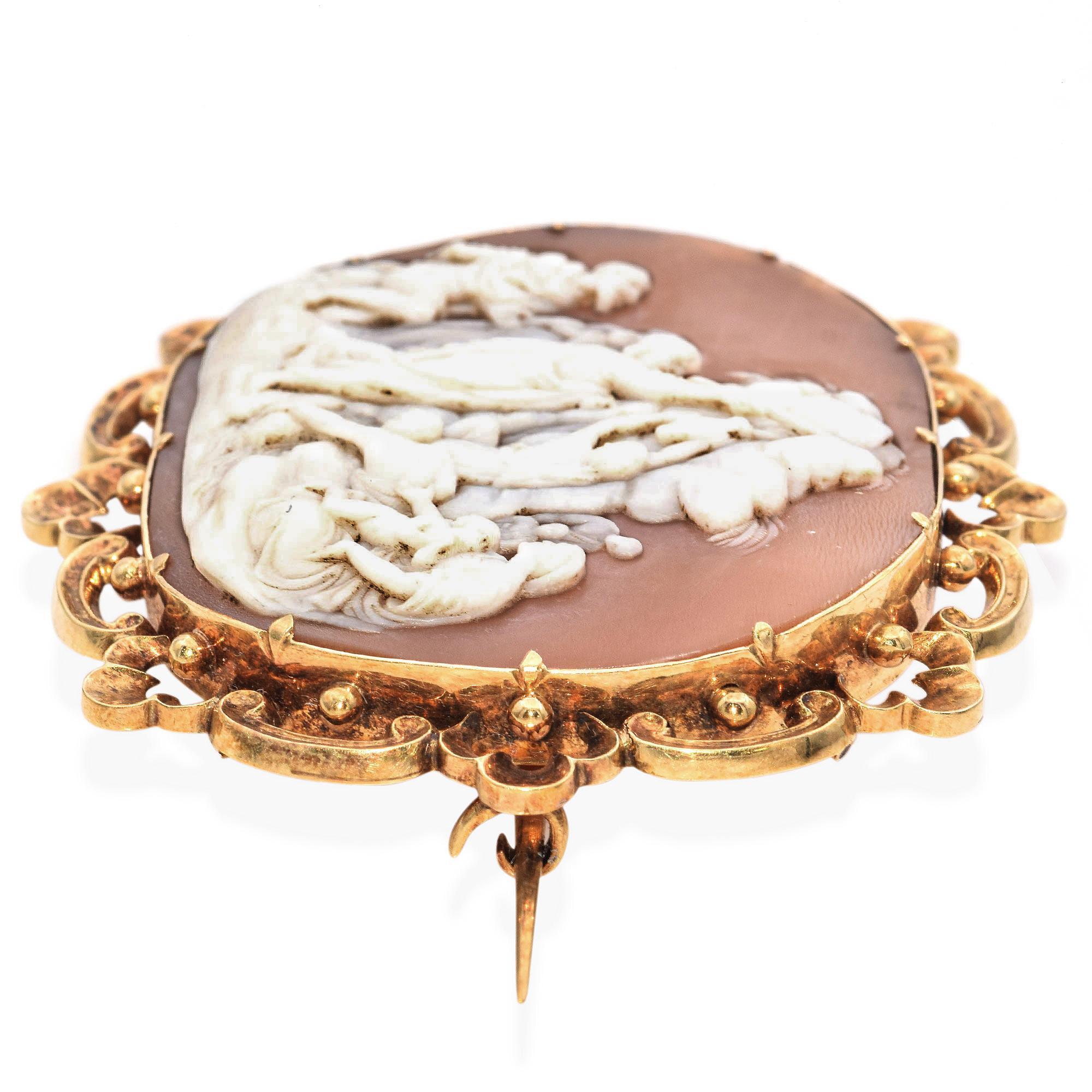 Antique Yellow Gold Moses Hitting Rock to Get Water Cameo Brooch 1