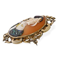 Antique Yellow Gold Mother of Pearl Inlay 17th Century Gentlemen Cameo Brooch