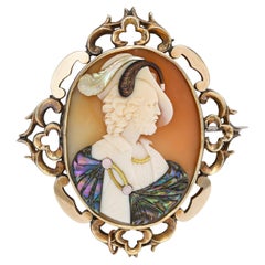 Antique Yellow Gold Mother of Pearl Inlay 17th Century Gentlemen Cameo Brooch