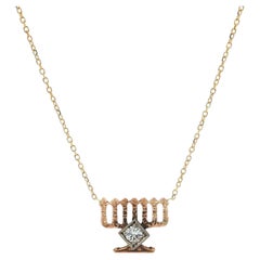 Antique Yellow Gold Old Cut Diamond Menorah Pendant Adjustable Chain Necklace
