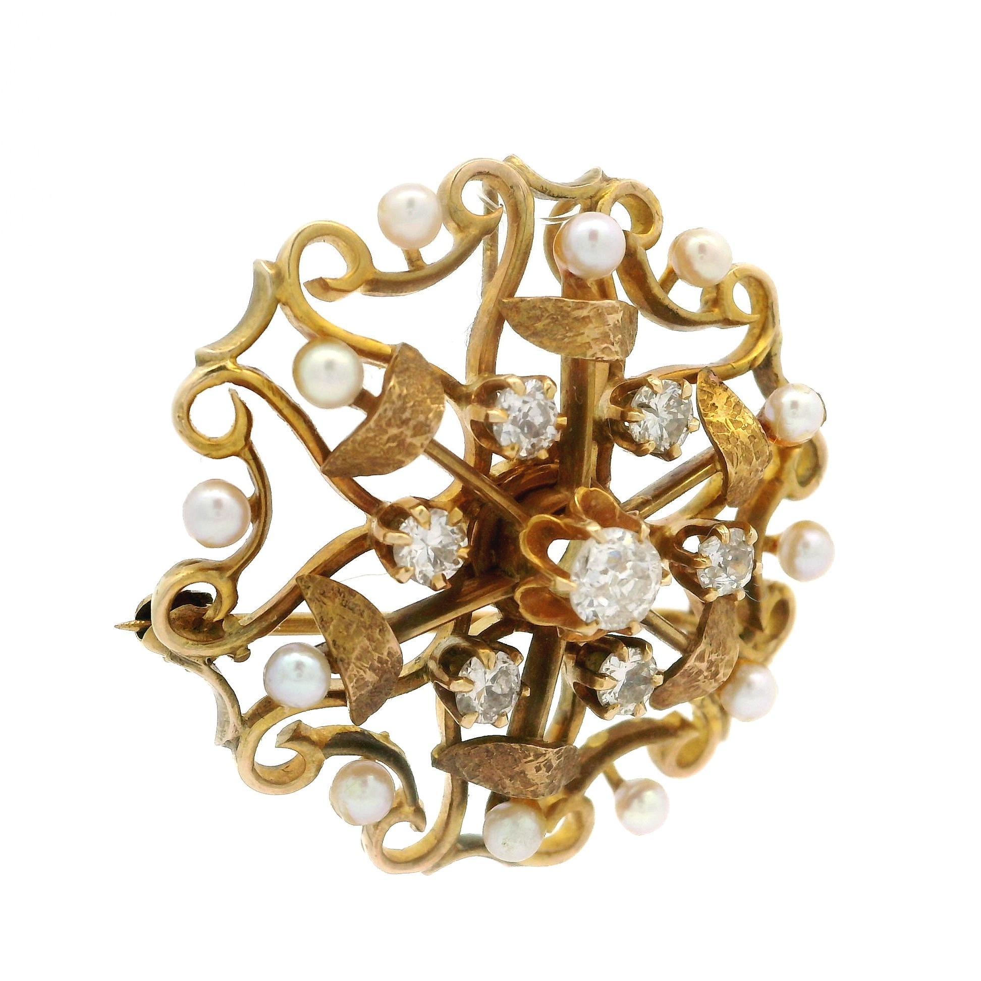 Antique Yellow Gold Old Diamond & Pearl Textured Work Round Pin Brooch Pendant For Sale 5