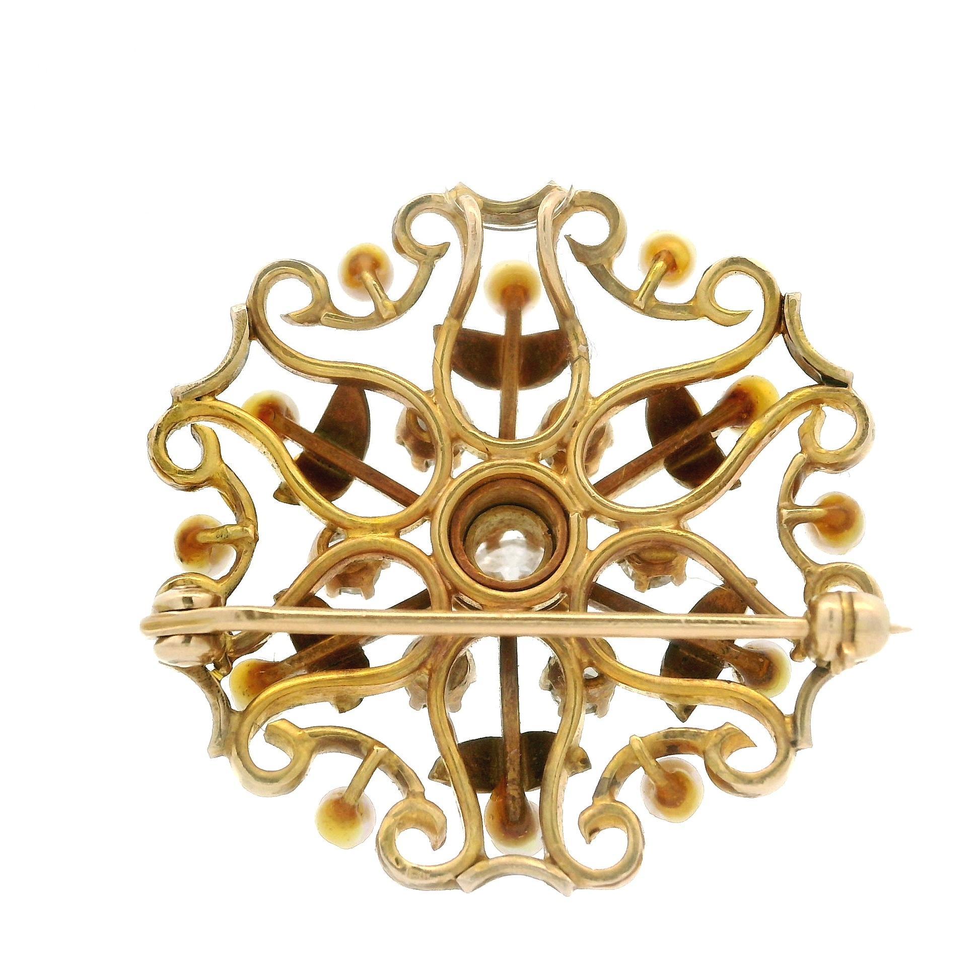 Old European Cut Antique Yellow Gold Old Diamond & Pearl Textured Work Round Pin Brooch Pendant For Sale