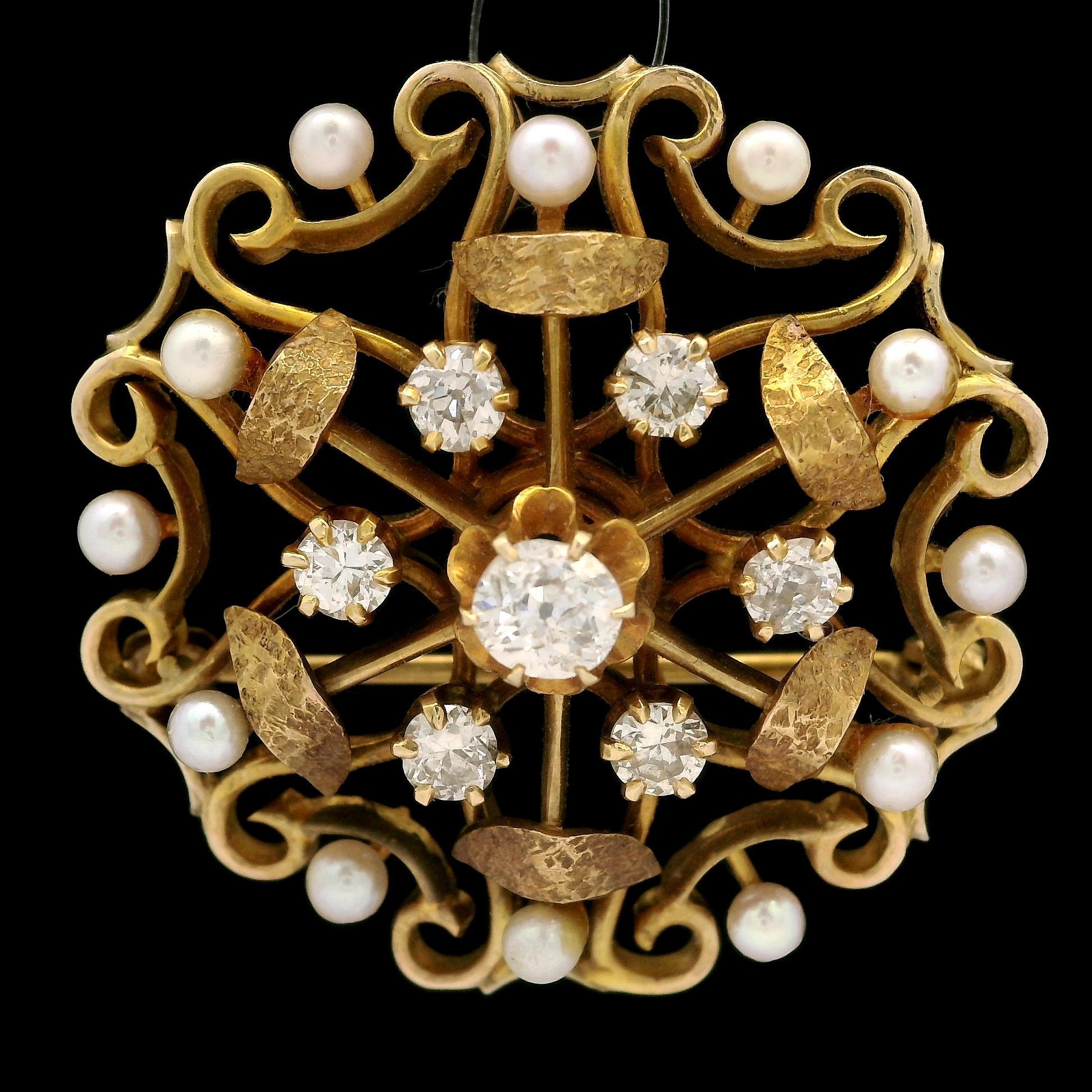Women's Antique Yellow Gold Old Diamond & Pearl Textured Work Round Pin Brooch Pendant For Sale