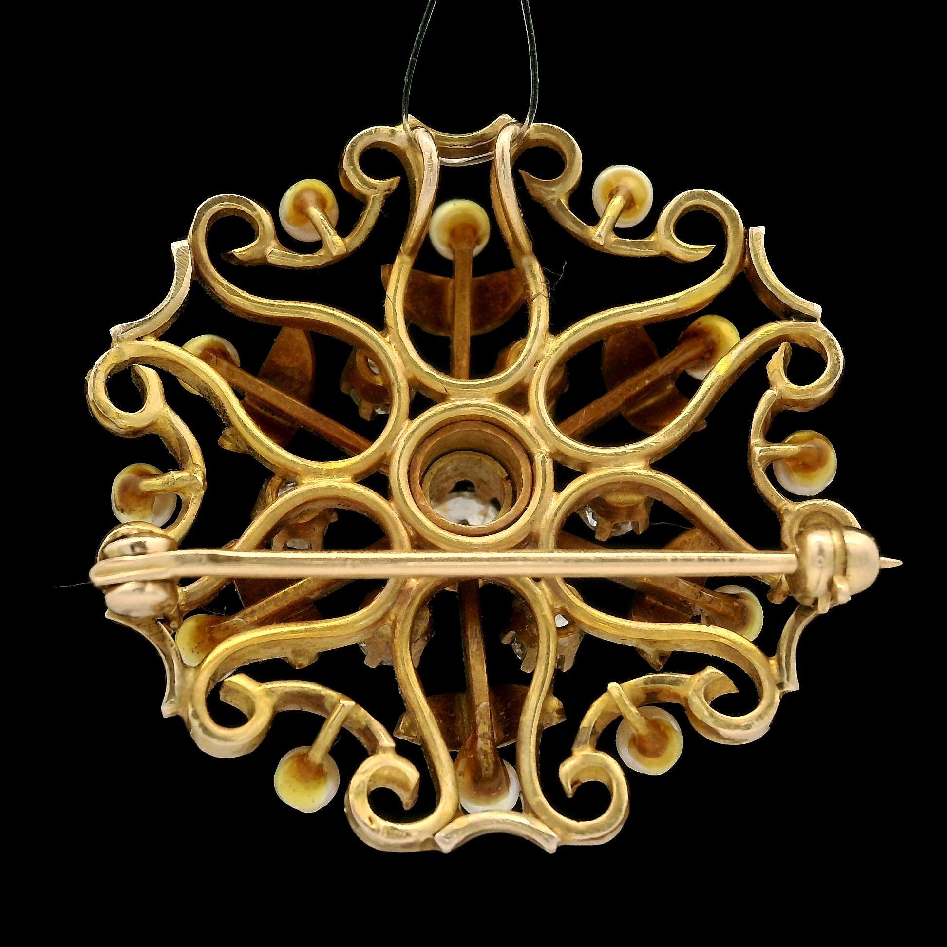 Antique Yellow Gold Old Diamond & Pearl Textured Work Round Pin Brooch Pendant For Sale 3