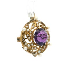 Antique Yellow Gold Old Round Cut Amethyst w/ Seed Pearl Pin Brooch Pendant