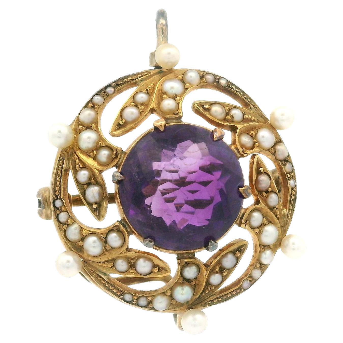 Antike Gelbgold alt rund geschnitten Amethyst w / Seed Pearl Pin Brosche Anhänger im Angebot