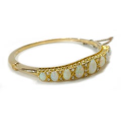 Vintage Art Nouveau 18K Gold Opal Diamond Bangle Bracelet, Circa 1910