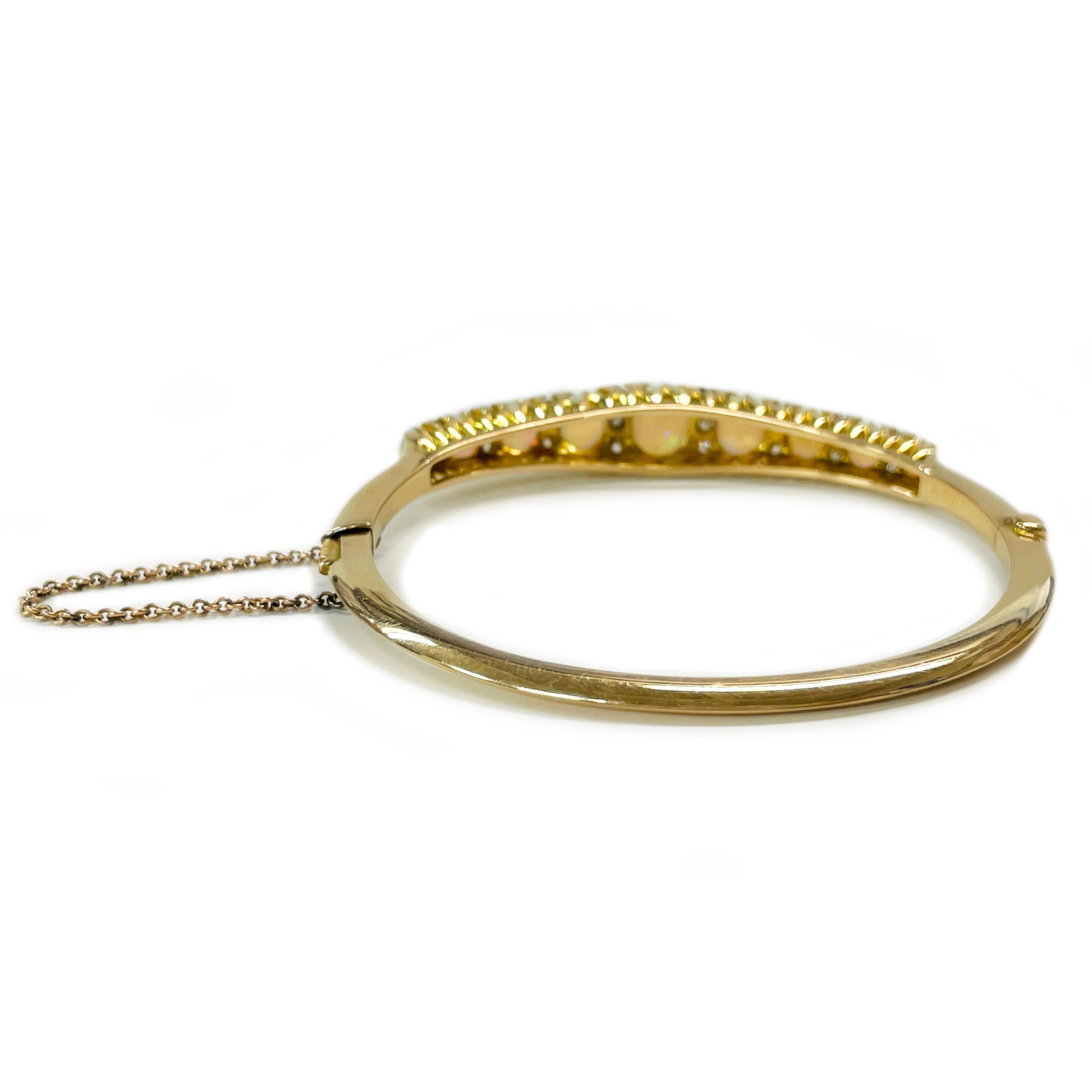 Art Nouveau Antique Yellow Gold Opal Diamond Bangle Bracelet For Sale