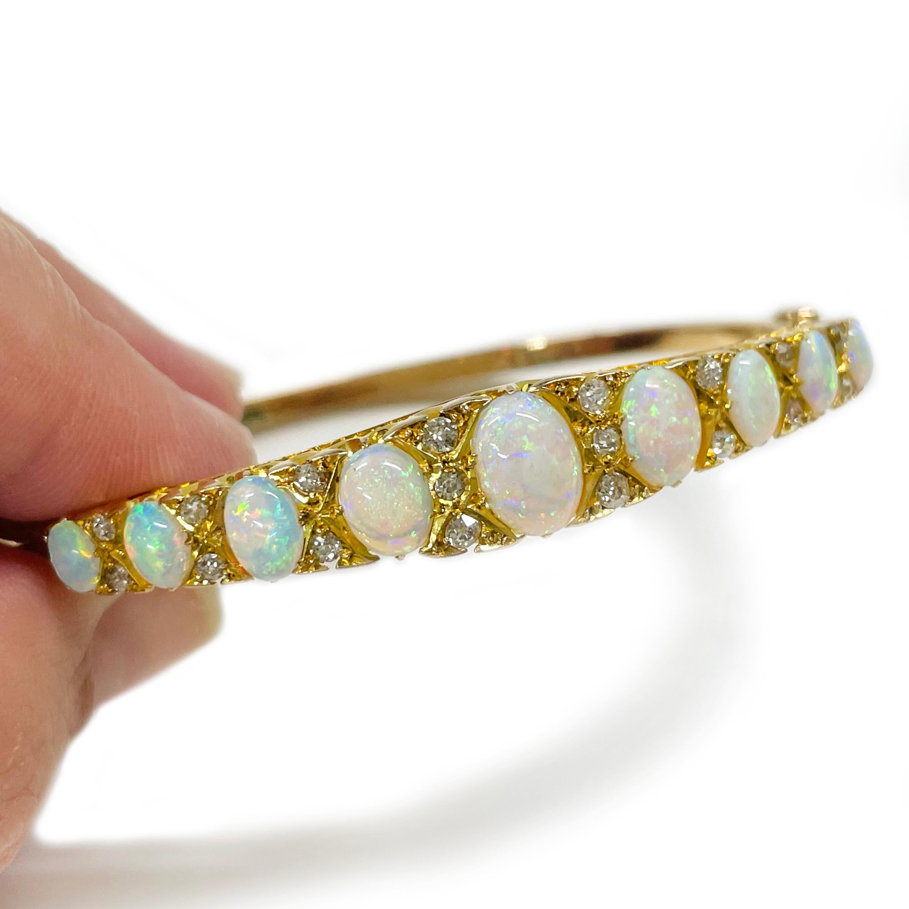 Cabochon Antique Yellow Gold Opal Diamond Bangle Bracelet For Sale