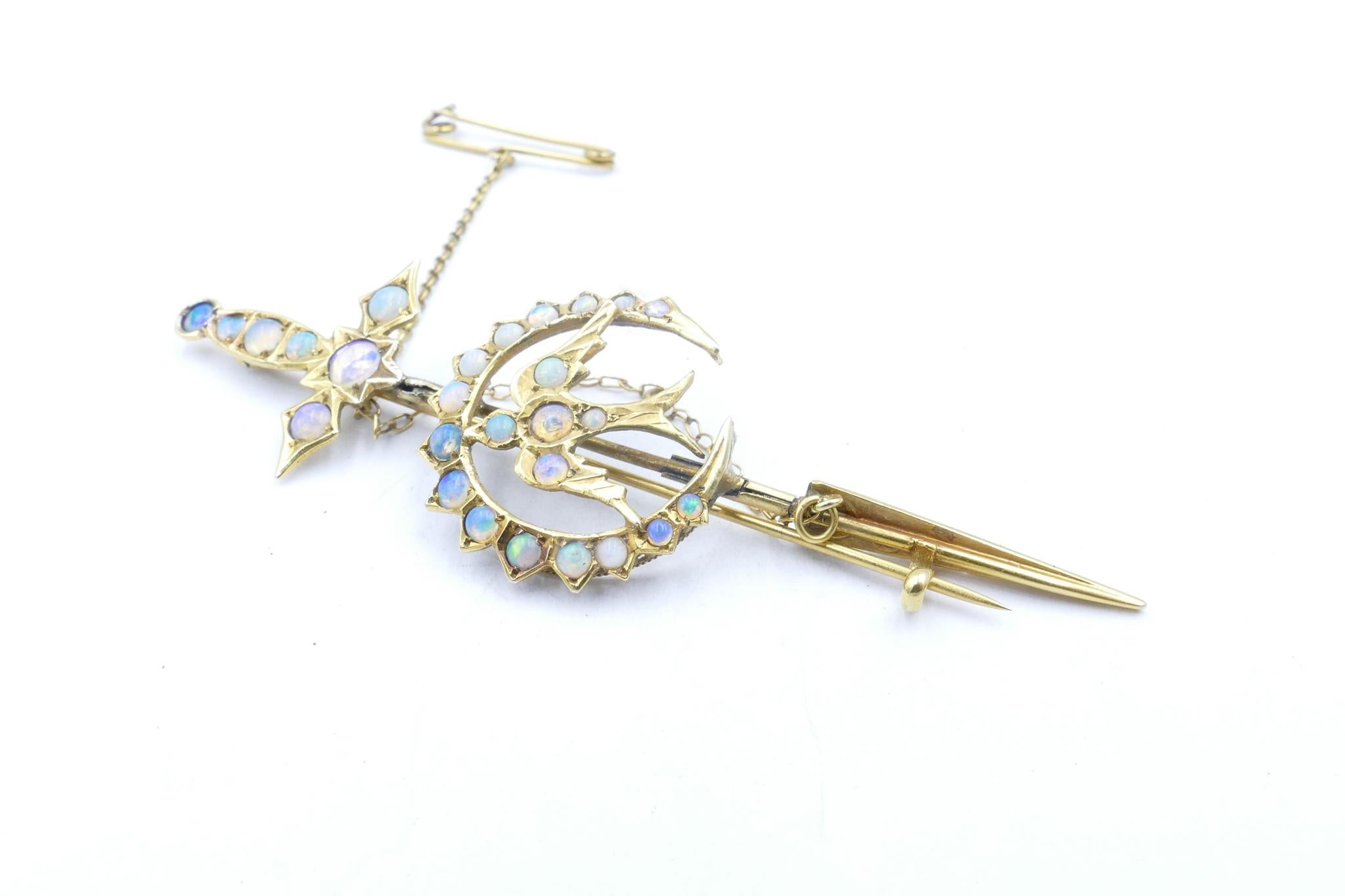 Cabochon Antique Yellow Gold Opal Sword Brooch